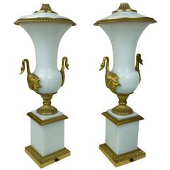 Pair of White Opaline and Bronze Neoclassical Lamps