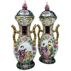 Pair of Chinoiserie Painted Porcelain Covered Vases