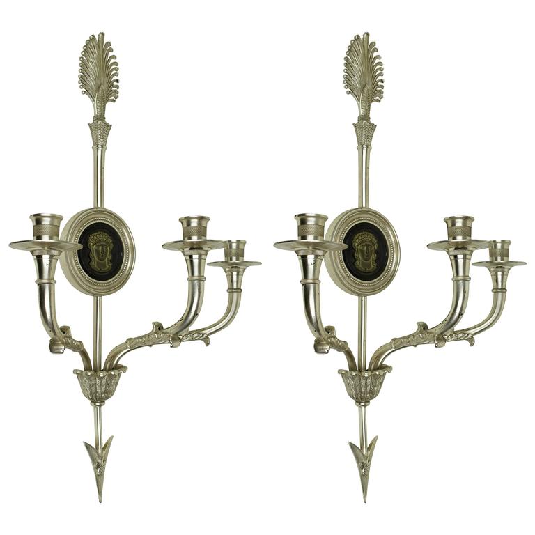Neoclassical Pair of Silvered Bronze Three-Arm Wall Light Sconces