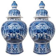 Vintage Pair of Large Dutch Delft Blue and White Covered Vases