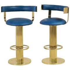 Superb Pair of Polished Brass Swivel Bar Stools, 1980s