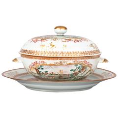 Antique Famille rose large circular tureen, cover and stand, after Meissen, 18th century