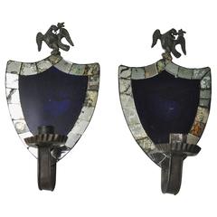 American Shield Back Glass and Tole Sconces, Cobalt and Mirror Back, circa 1840