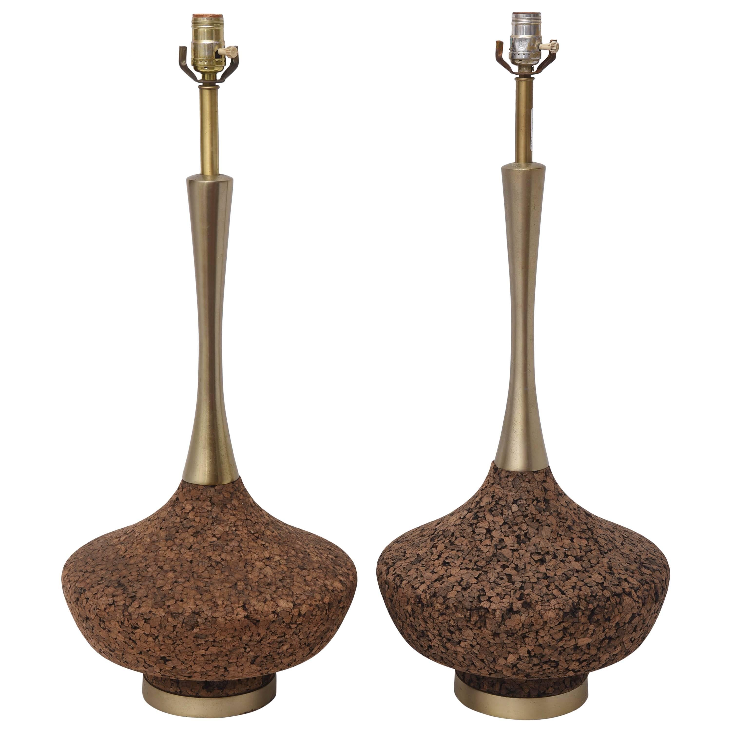 Monumental Brass and Cork Lamps--1970s USA For Sale