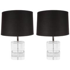Pair of Two-Tier Lucite Block Table Lamps by Karl Springer