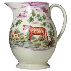 Creamware Enamel Decorated Pitcher with Rural Images