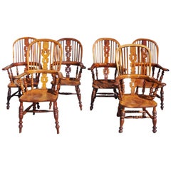 Set of Six English Yew and Ash Windsor Armchairs, Circa 1820