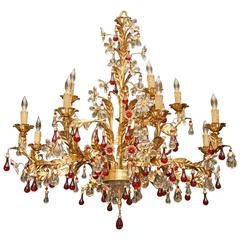 Vintage Italian Wrought Iron and Two Color Crystal Twelve-Light Chandelier