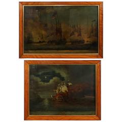  Pair of English 19th Century Reverse Paintings on Glass of Naval Battles 