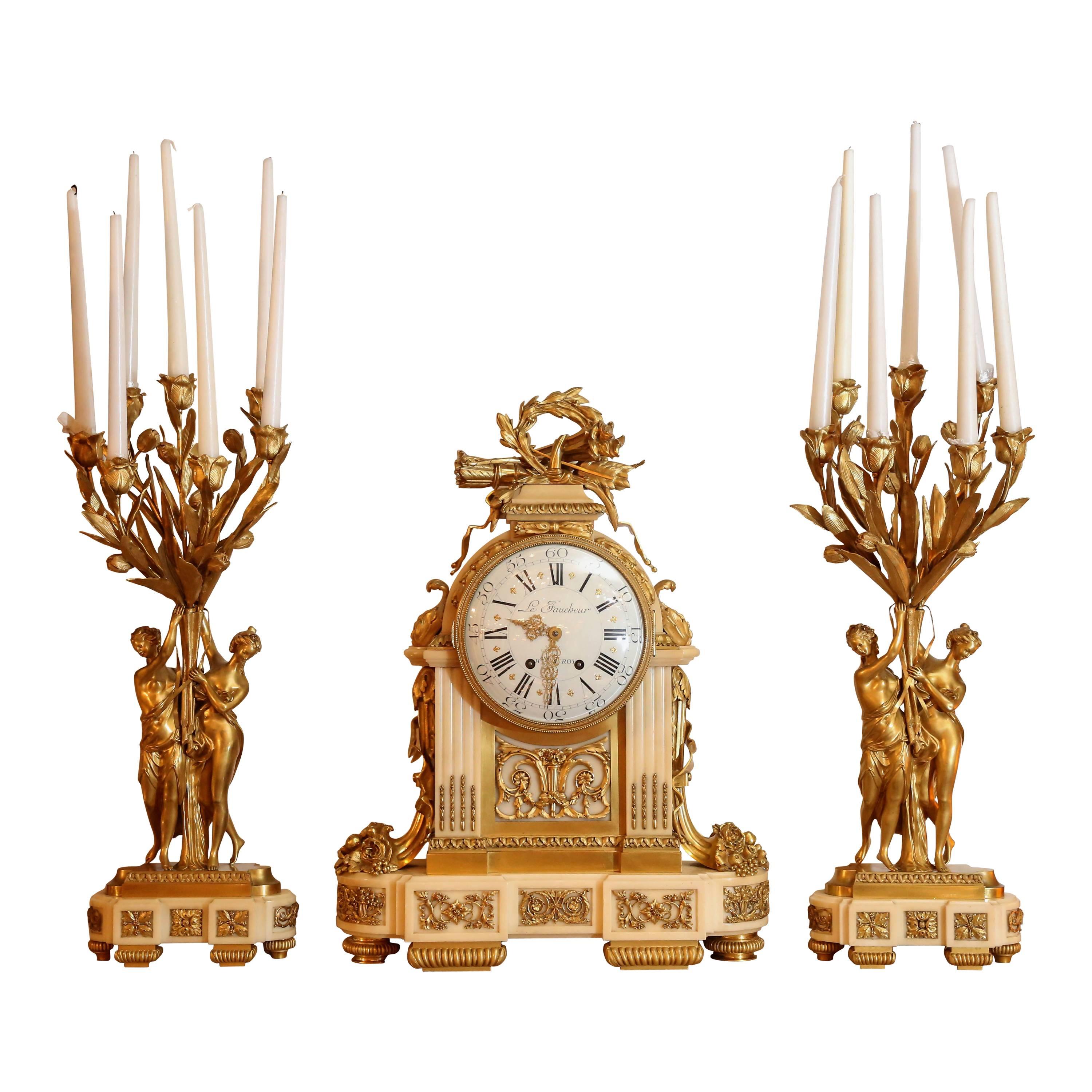 Three-Piece White Marble Garniture Clock Set with Bronze Ormolu Mounts