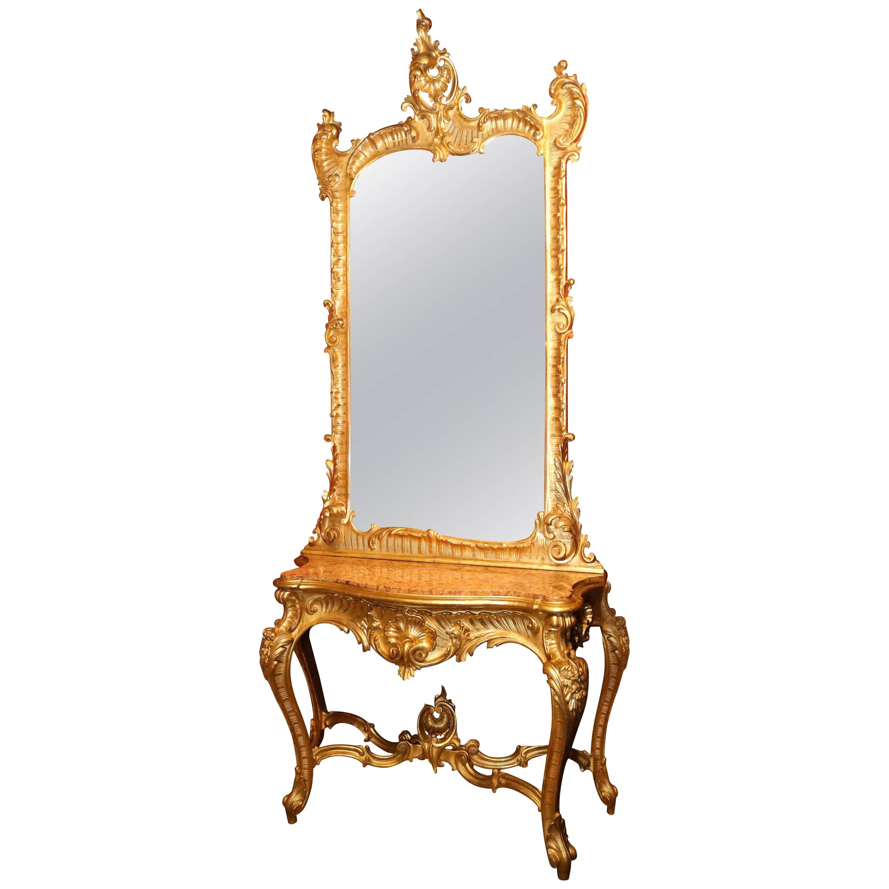Giltwood Console with Mirror, Rococo Style, Marble top