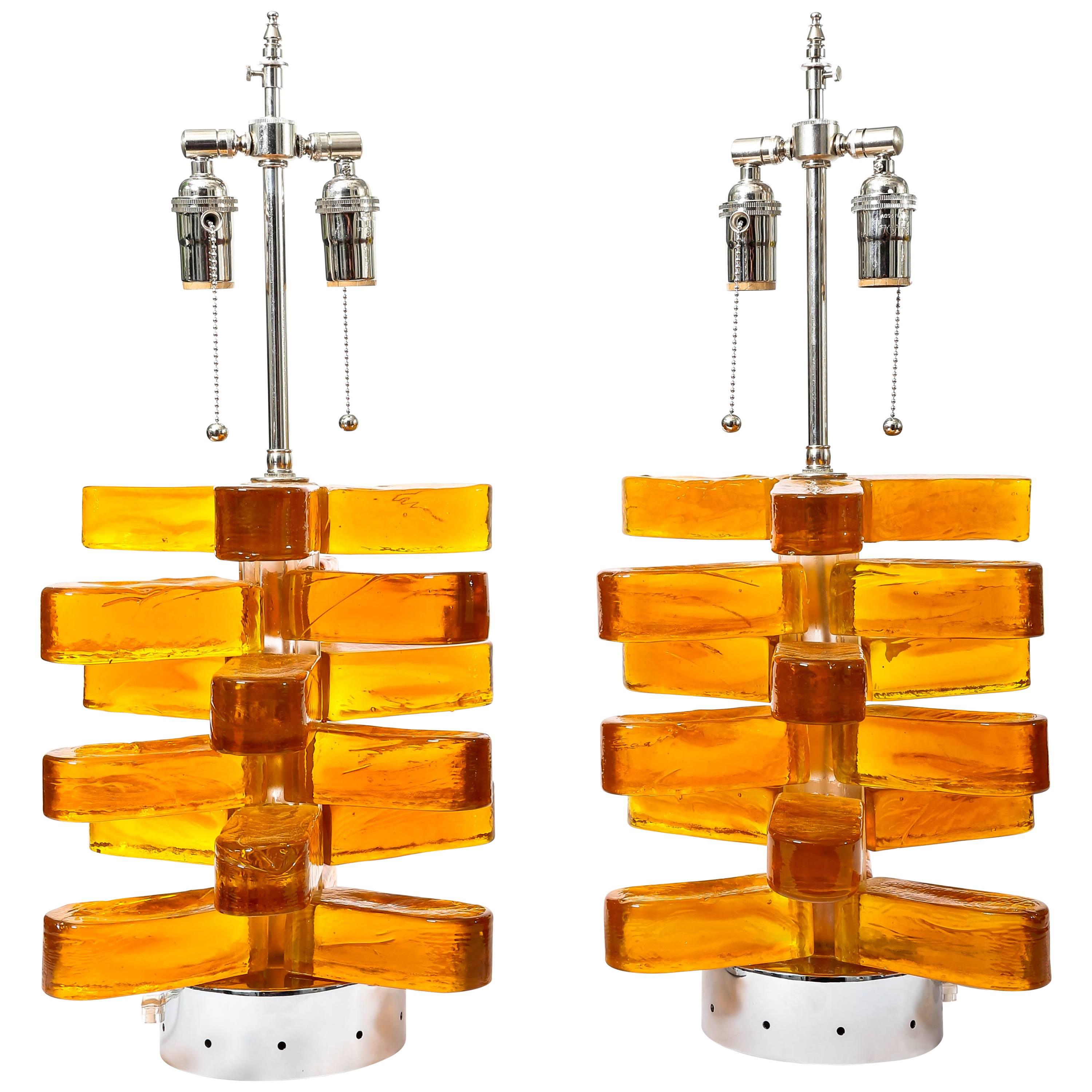 Pair of Amber Murano Glass Lamps Featuring Interior Light with Chrome Detail