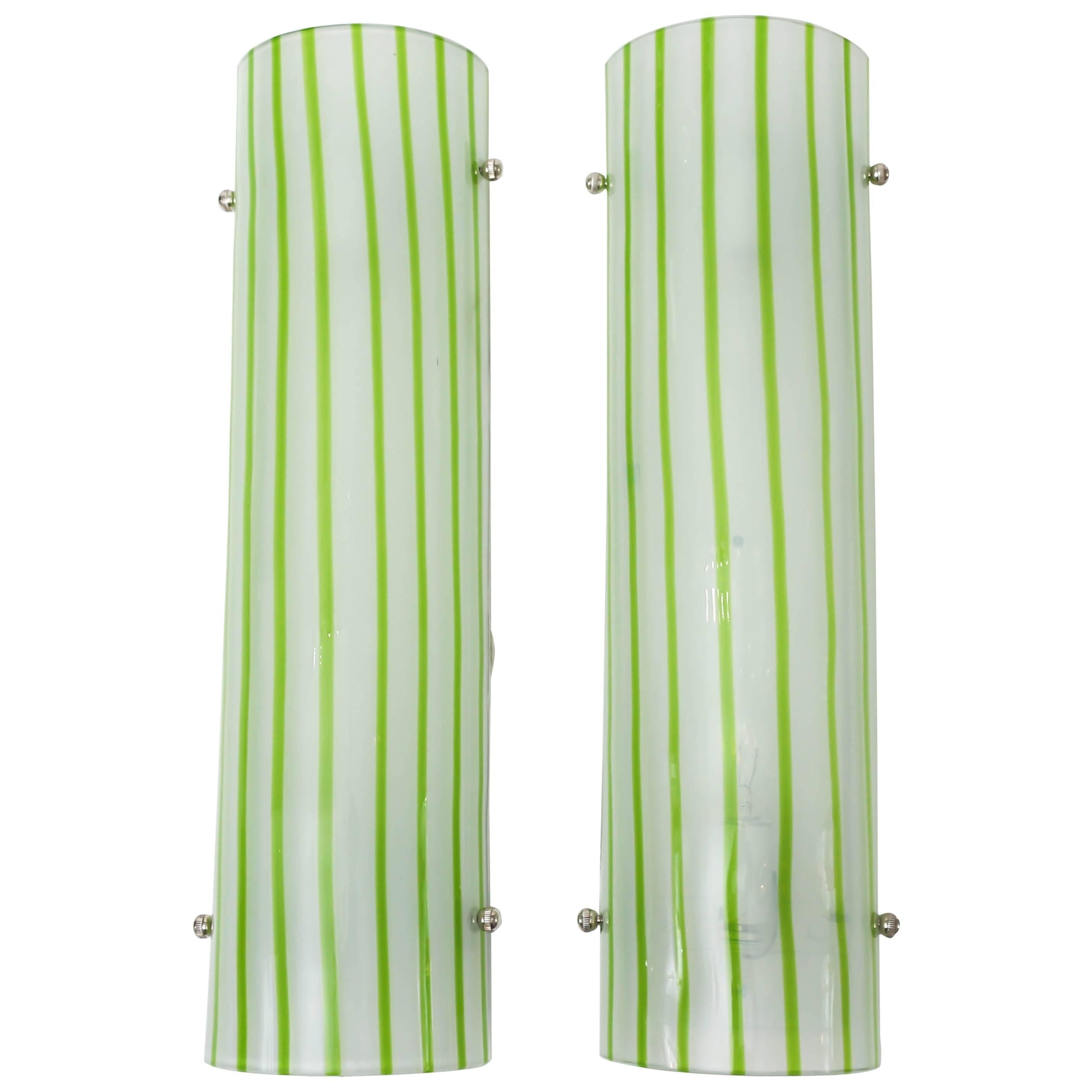 Pair of Green and White Striped Murano Glass Sconces by Salviati