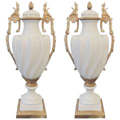 Large Pair of Porcelain Bisque Mantle Urns with Gilt Mounts