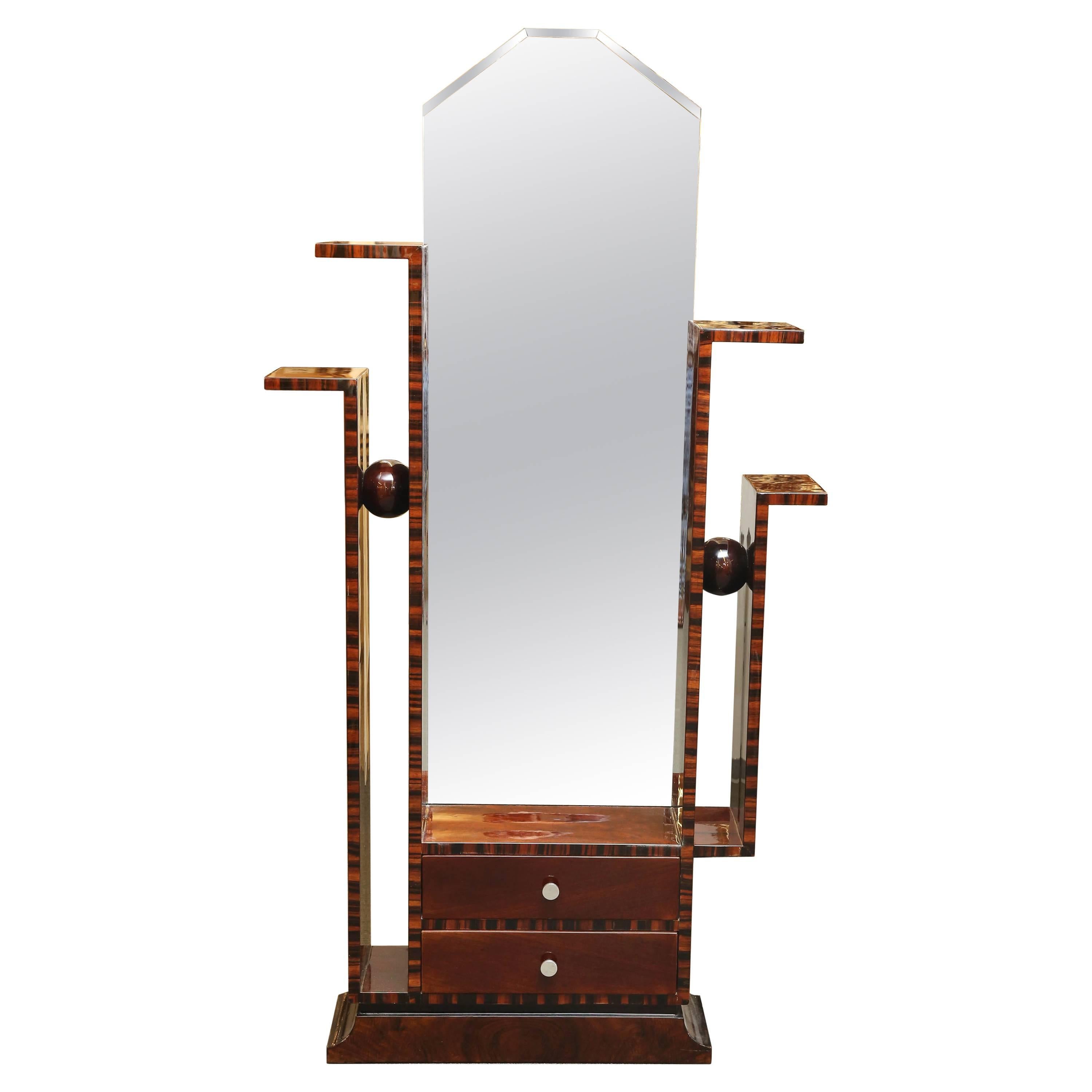 Art Deco French Floor Mirror in Macassar and Walnut Wood