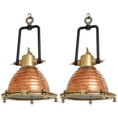 Pair of Copper and Brass Mid-Century Ship's Deck Lights