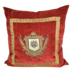  Pillow with Red Velvet Fabric and Antique Trim and Crest