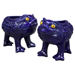 Pair of English Minton Majolica Frog Cachepots, circa 1880