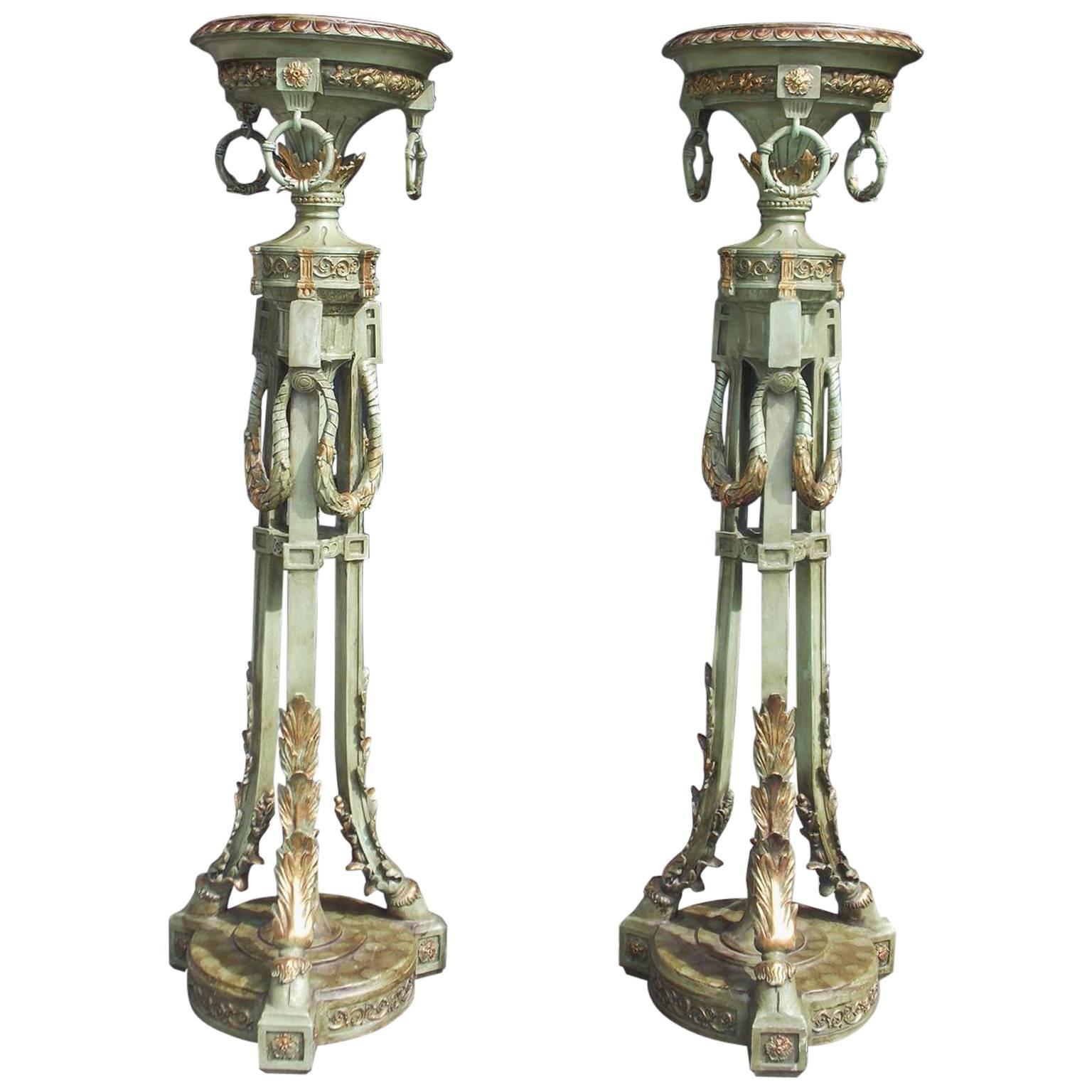 Pair of Italian Painted and Gilt Floral Torchieres, Circa 1840 For Sale
