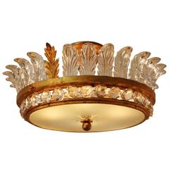 Mid-Century Italian Gold Leaf and Crystal Flush Mount Chandelier