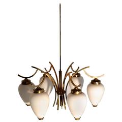 Six-Arm Brass Arredoluce Chandelier with Drop Shaped White Murano Glass Lanterns