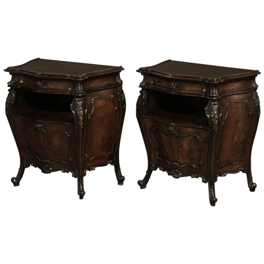 Pair of Italian Rococo Burled Walnut Bombe Nightstands