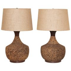 Pair of Mid-Century Modern Cork Lamps with Original Linen Shades