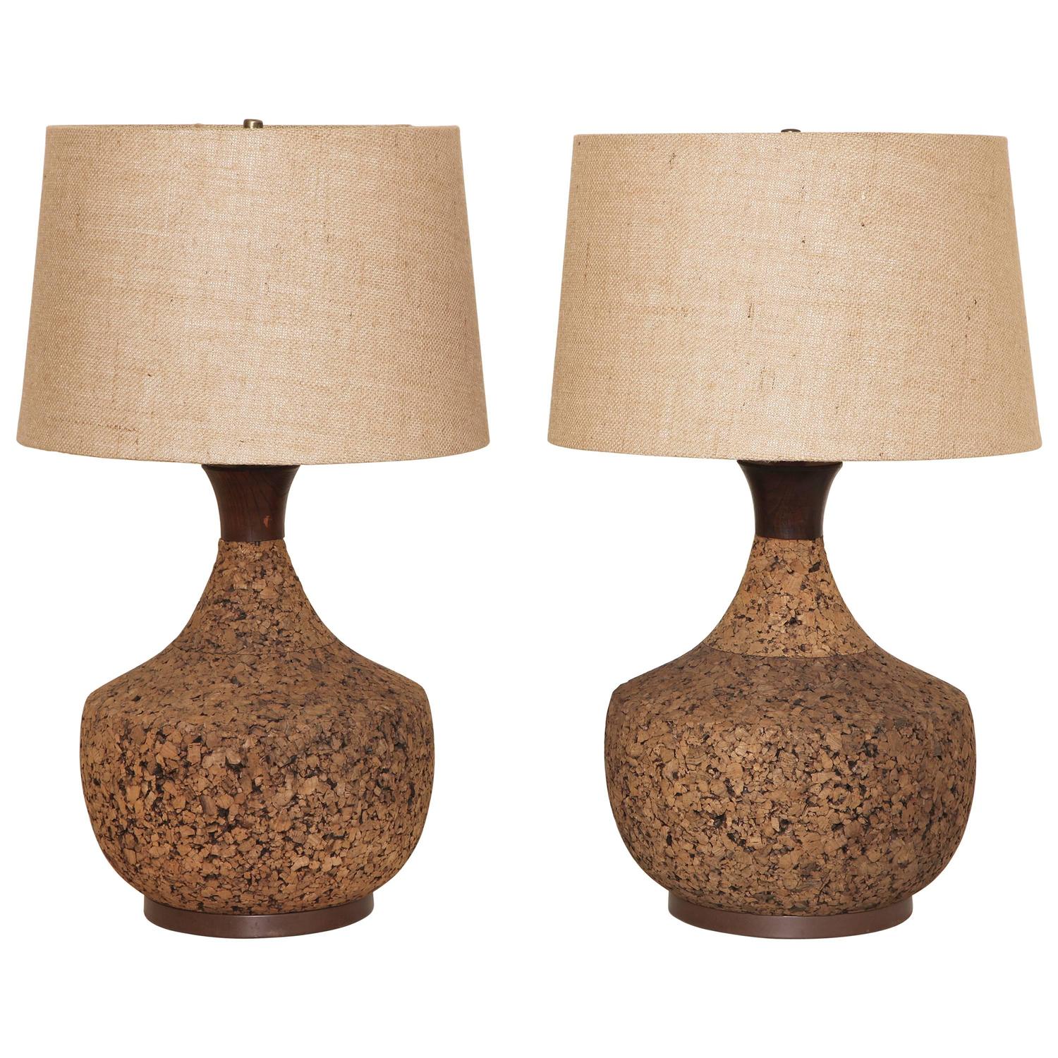 Pair of Mid-Century Modern Cork Lamps with Original Linen Shades at 1stdibs