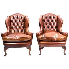 Antique Pair English Leather Wingback Armchairs, circa 1900