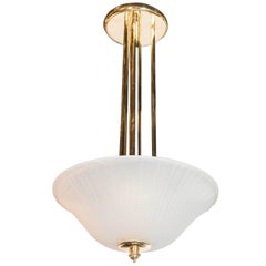 Elegant Art-Deco Frosted Fluted Glass Dome Pendant with Polished Brass Fittings