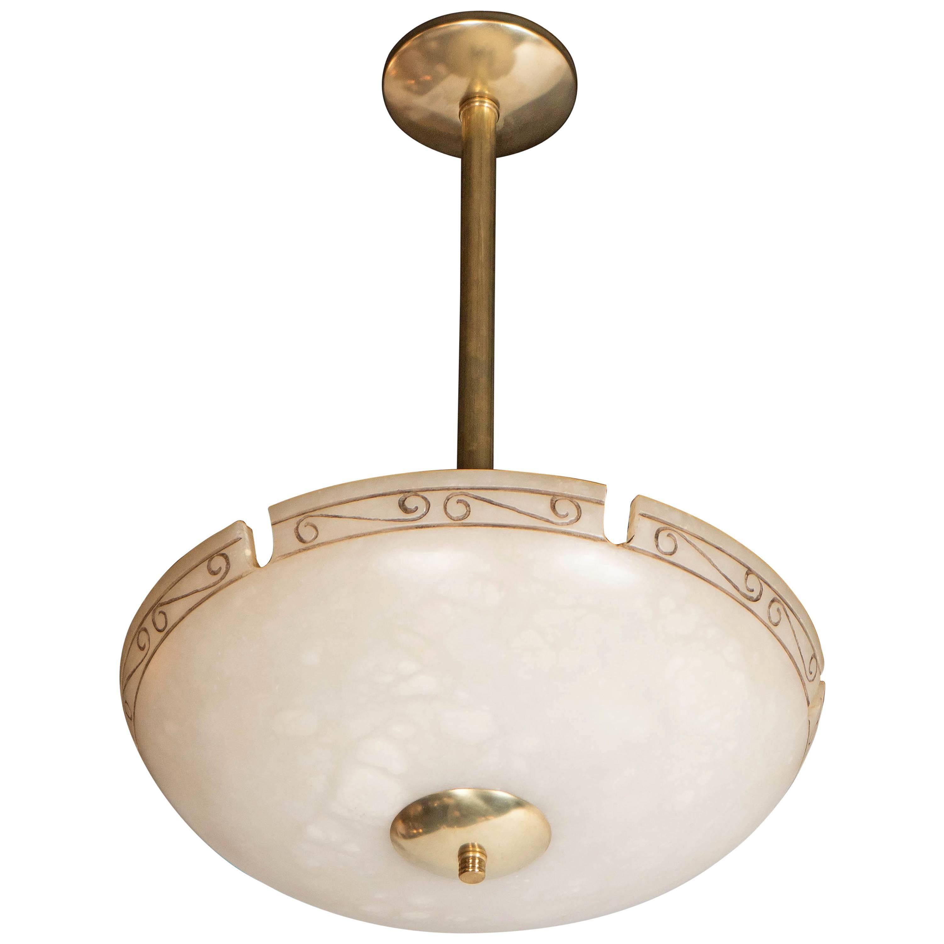 Mid-Century Modernist Alabaster Chandelier with Neoclassical Scroll Motif For Sale