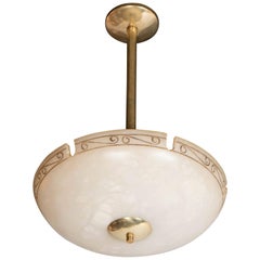 Mid-Century Modernist Alabaster Chandelier with Neoclassical Scroll Motif