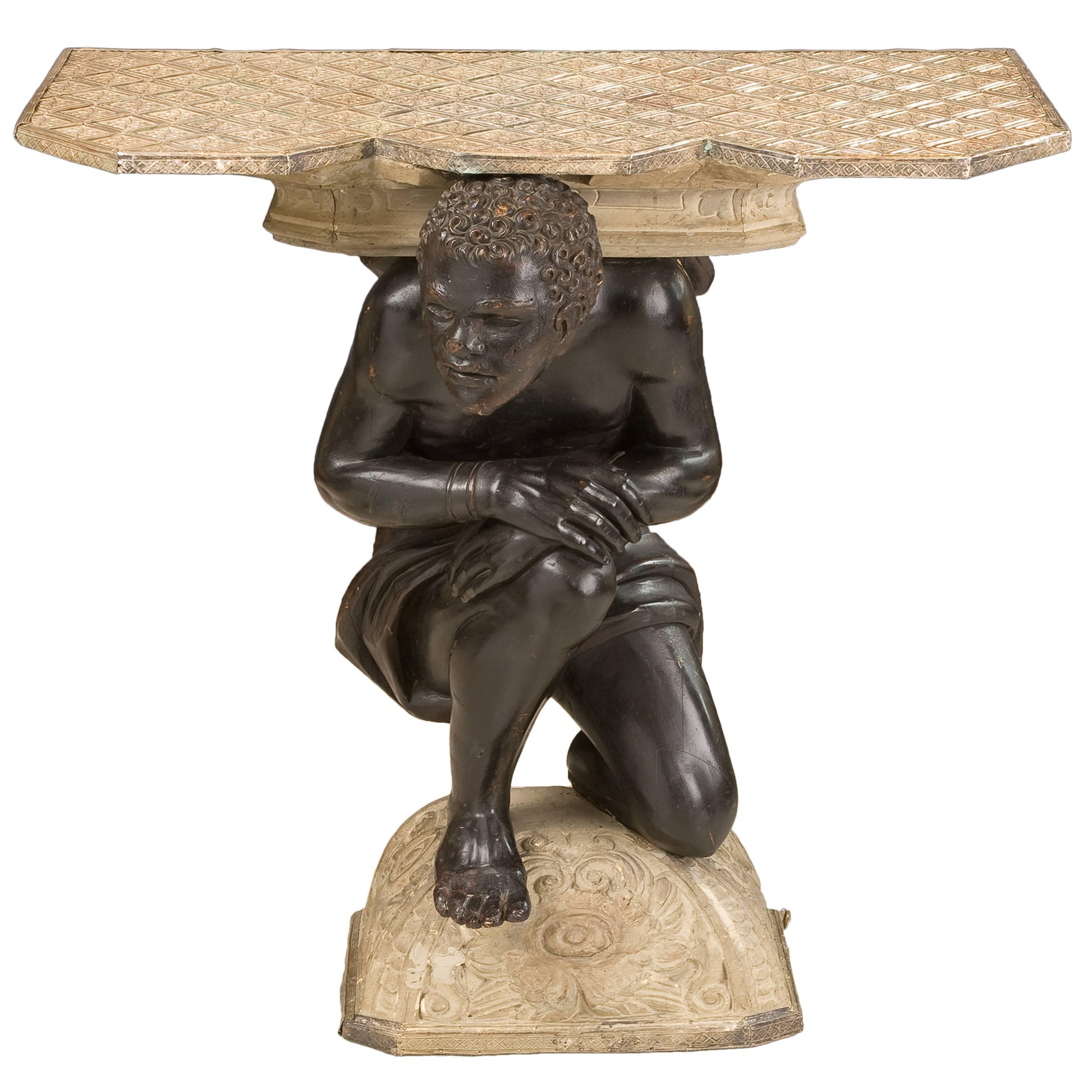 Console with a Carved Figure of Blackamoor and Topped with Silvered Copper For Sale