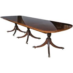 Georgian Style Crotch Mahogany & Satinwood Banded Triple Pedestal Dining Table 