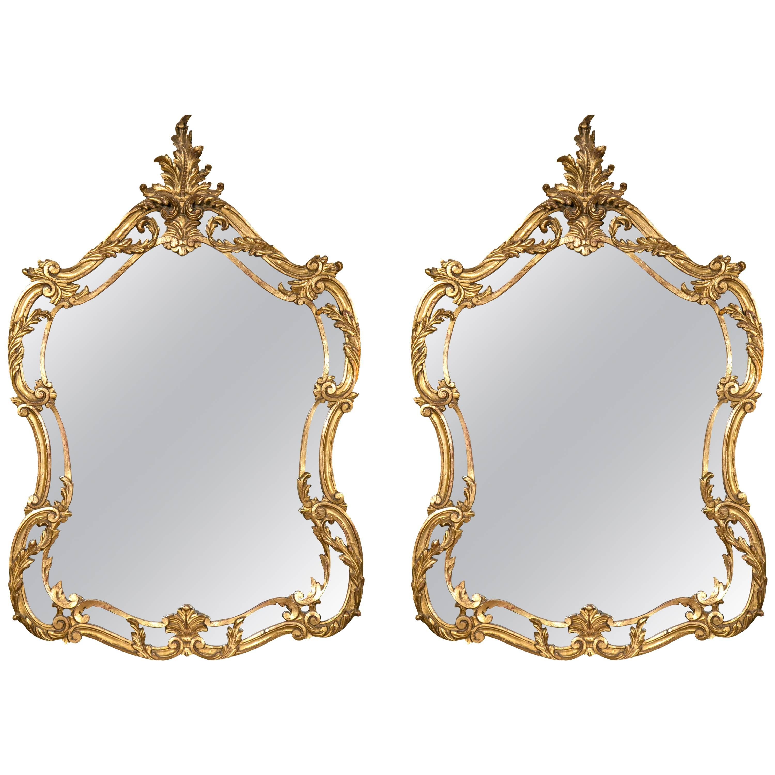 Pair of Italian Leaf and Scroll Giltwood Mirrors Louis XV Style Finely Carved