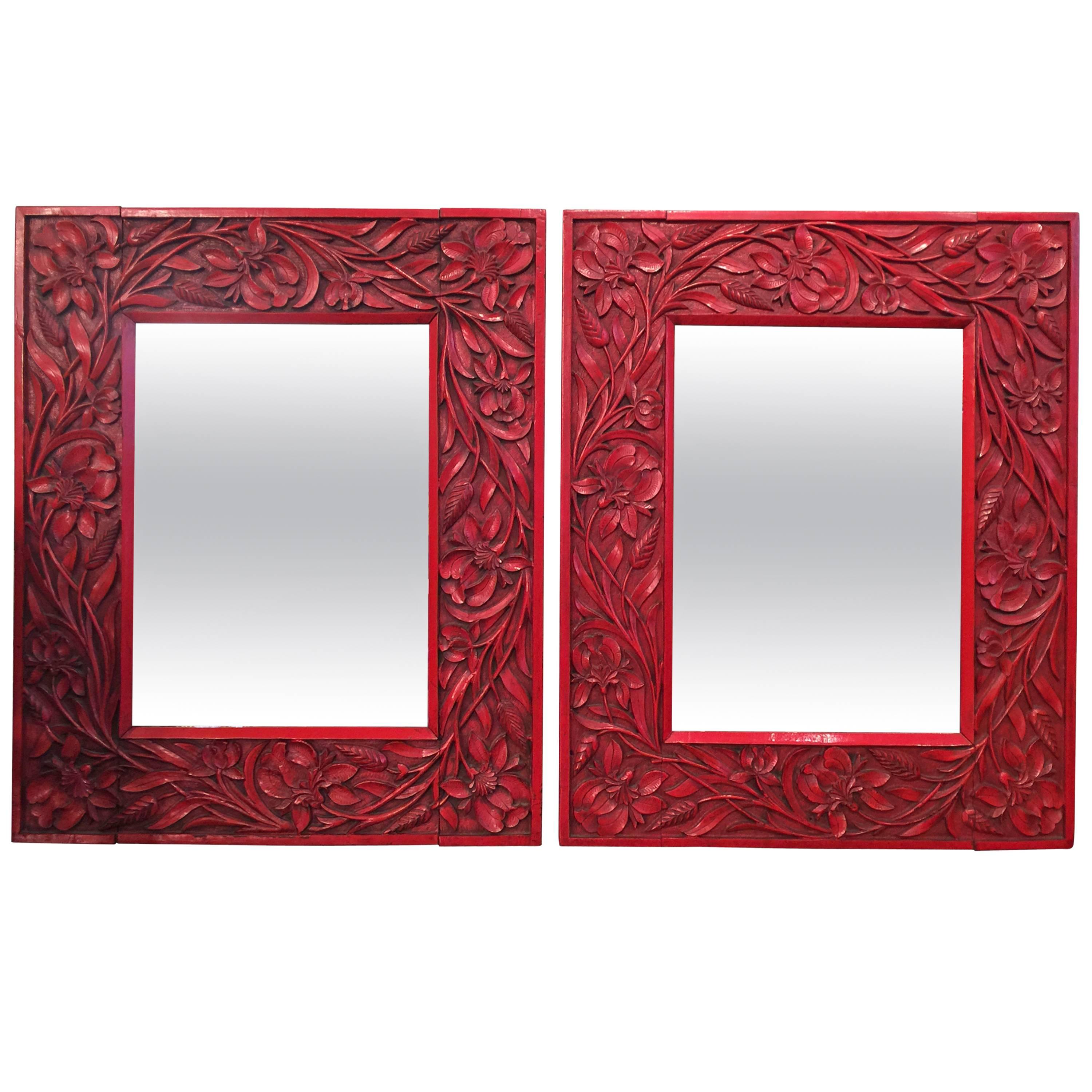 Pair of Red Lacquer Chinoiserie Mirrors