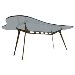 Mid-Century Italian Cocktail Table with Brass Trestle Base