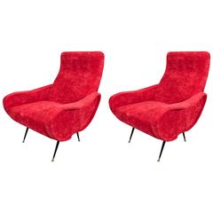 Midcentury Pair of Marco Zanuso Style Red Velvet Armchairs