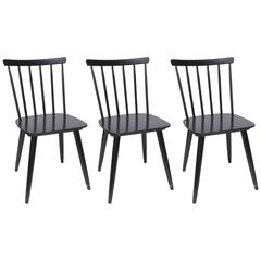 Set of Three Varjonen Wooden Chairs in Black Lacquer, 1950s, Finland
