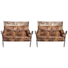 Unique Pair of Large Wrought and Cast Iron Chairs Made from an Antique Bed