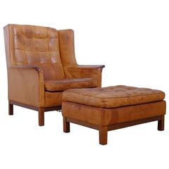 Arne Norell Buffalo Leather Easy Chair with Ottoman