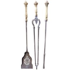 Magnificent Polished Steel And Bronze Fireplace Tool Set, Fire Tools