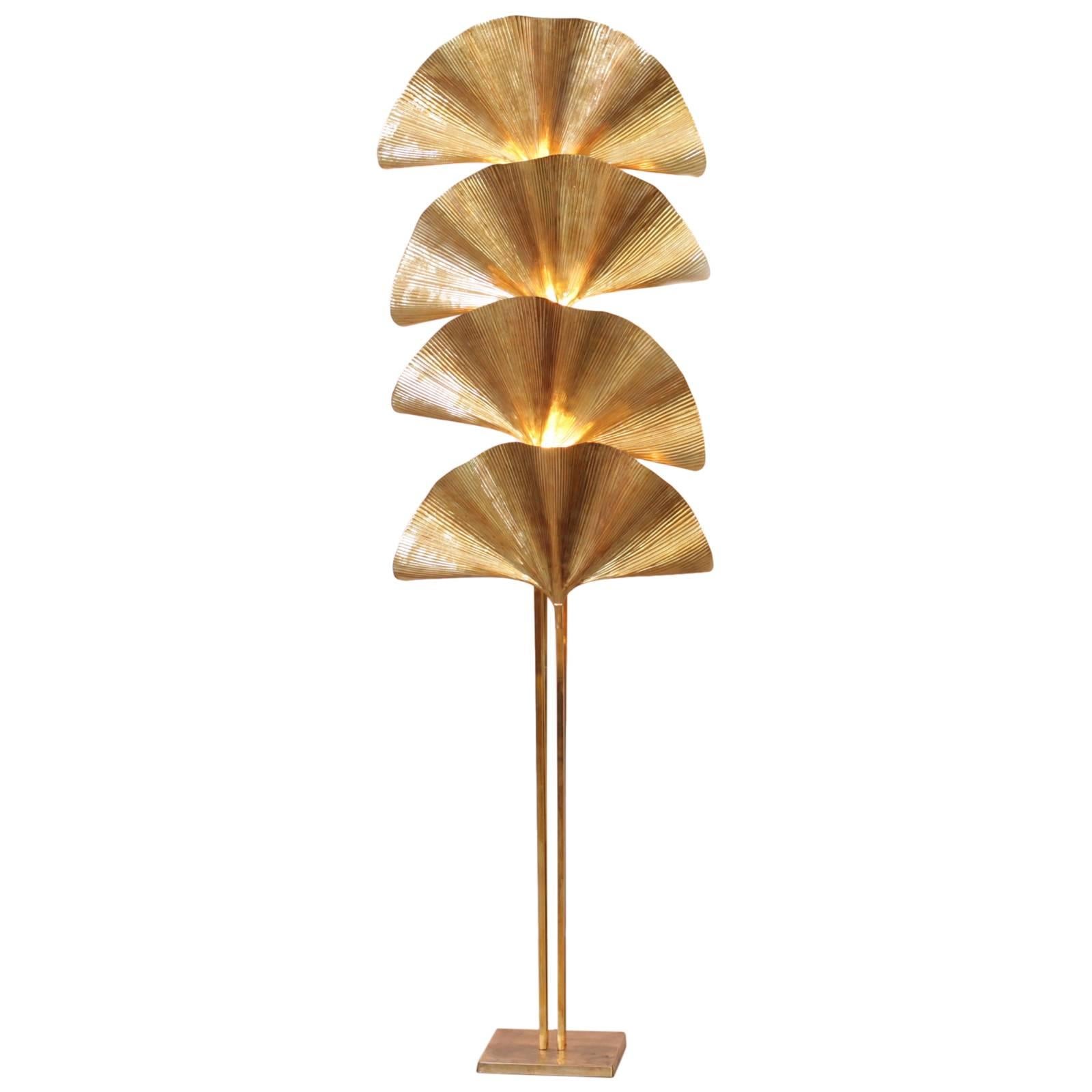 One of Two Extraordinary Huge Four Ginkgo Leaf Brass Floor Lamp by Tommaso Barbi