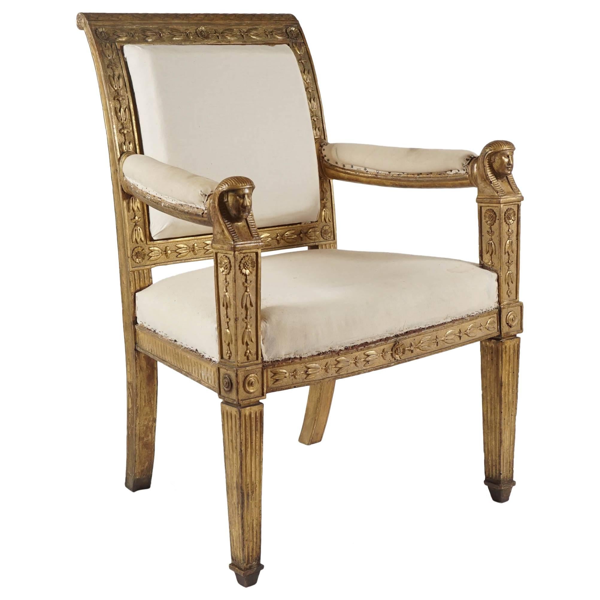 Important Neopolitan Empire Giltwood Fauteuil, Italy, circa 1810