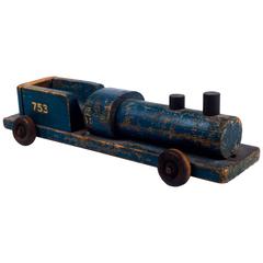 Wooden Toy Train Locomotive in Blue Wood, Art Deco Streamline Shapes, USA 1940s 3