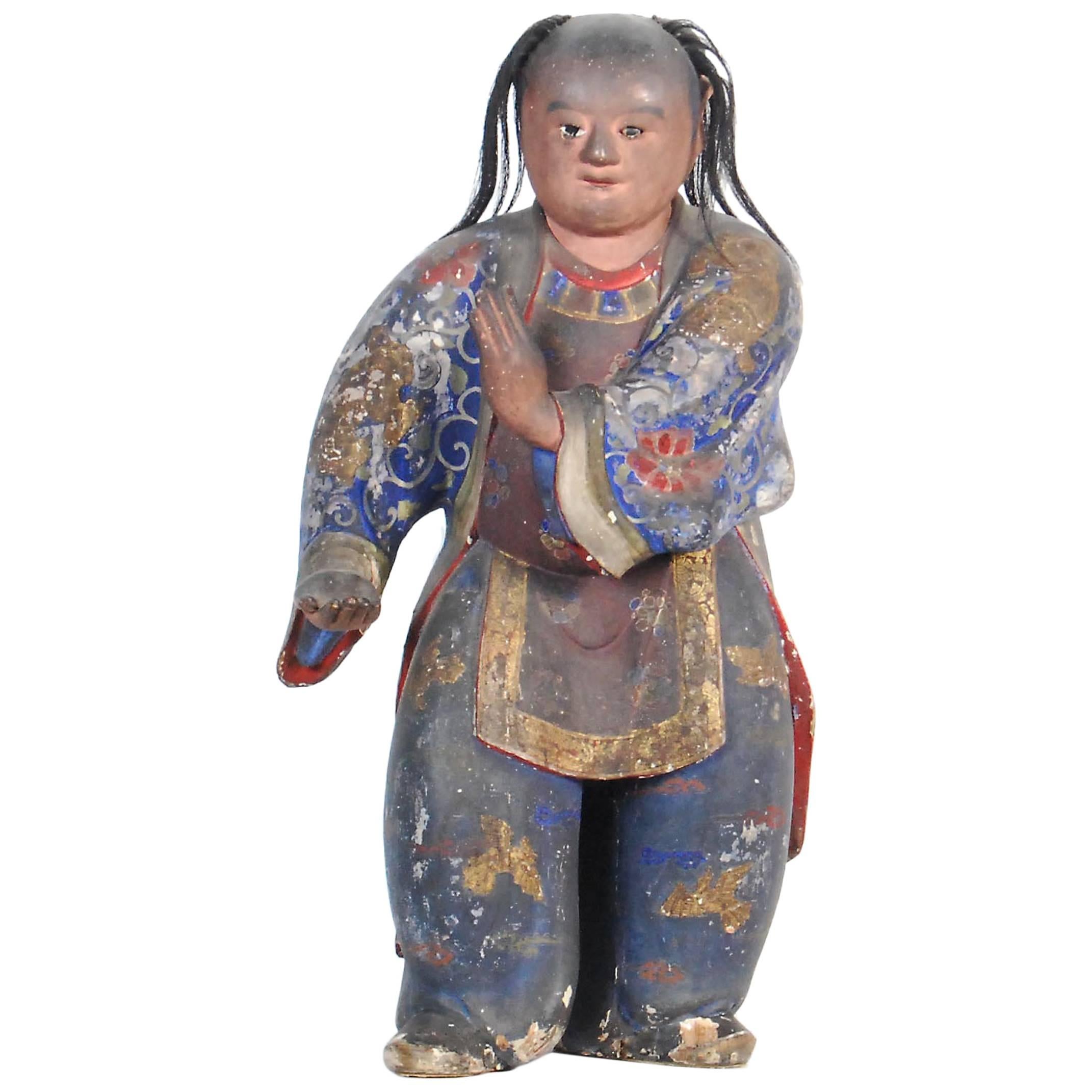 Rare statue ancienne d'un enfant chinois jouant du Tai Chi