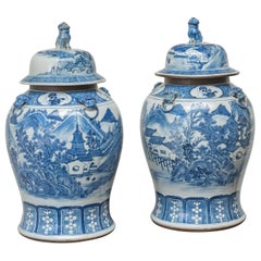 Pair of 19th Century Chinese Blue and White Porcelain Cap Jars, circa 1825