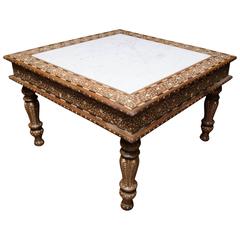 Lte 19thC. Anglo Indian Horn and Boned Inlaid Coffee Table with Marble Inset Top