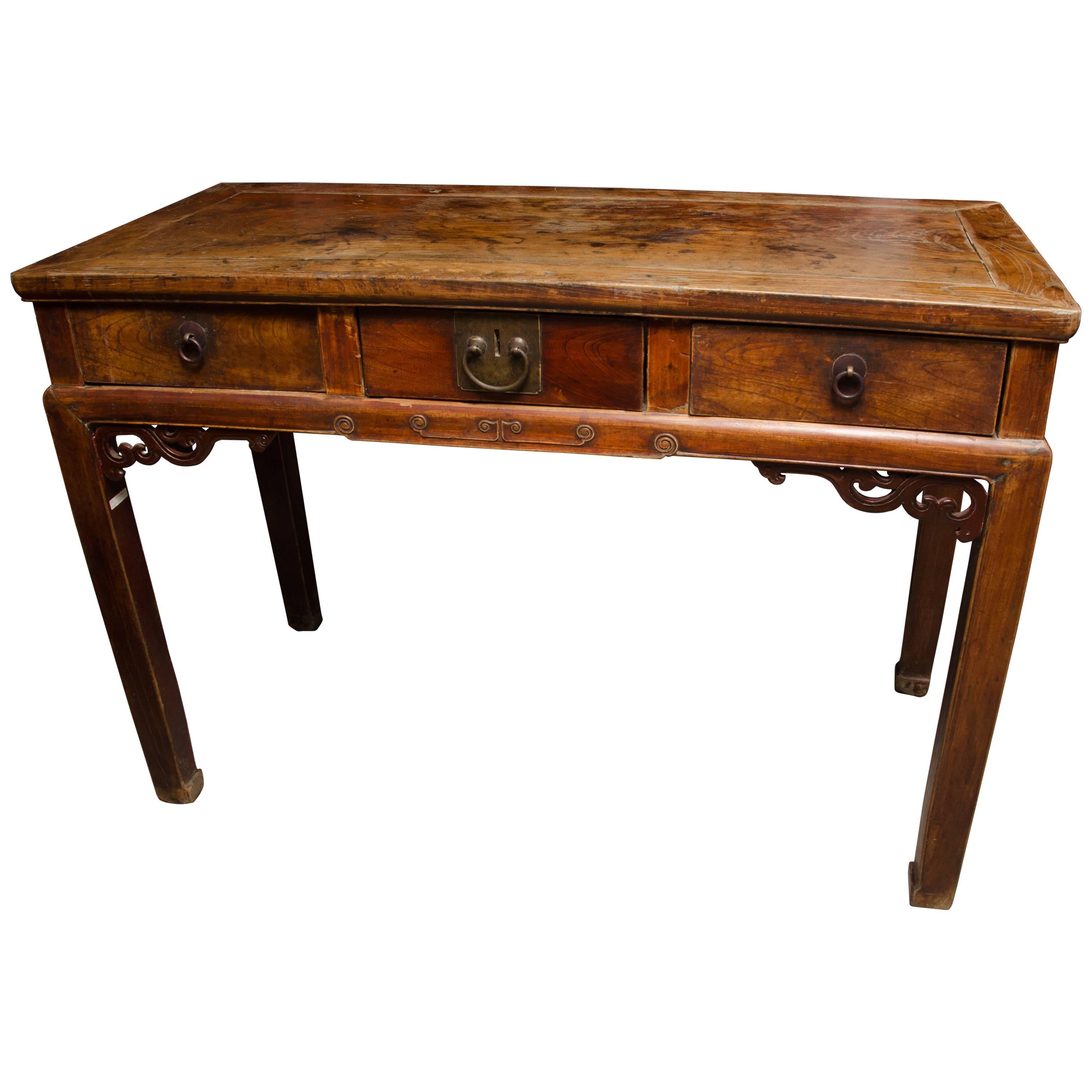 Qing Dynasty Chinese Three-Drawer Writing Table in Original Finiah