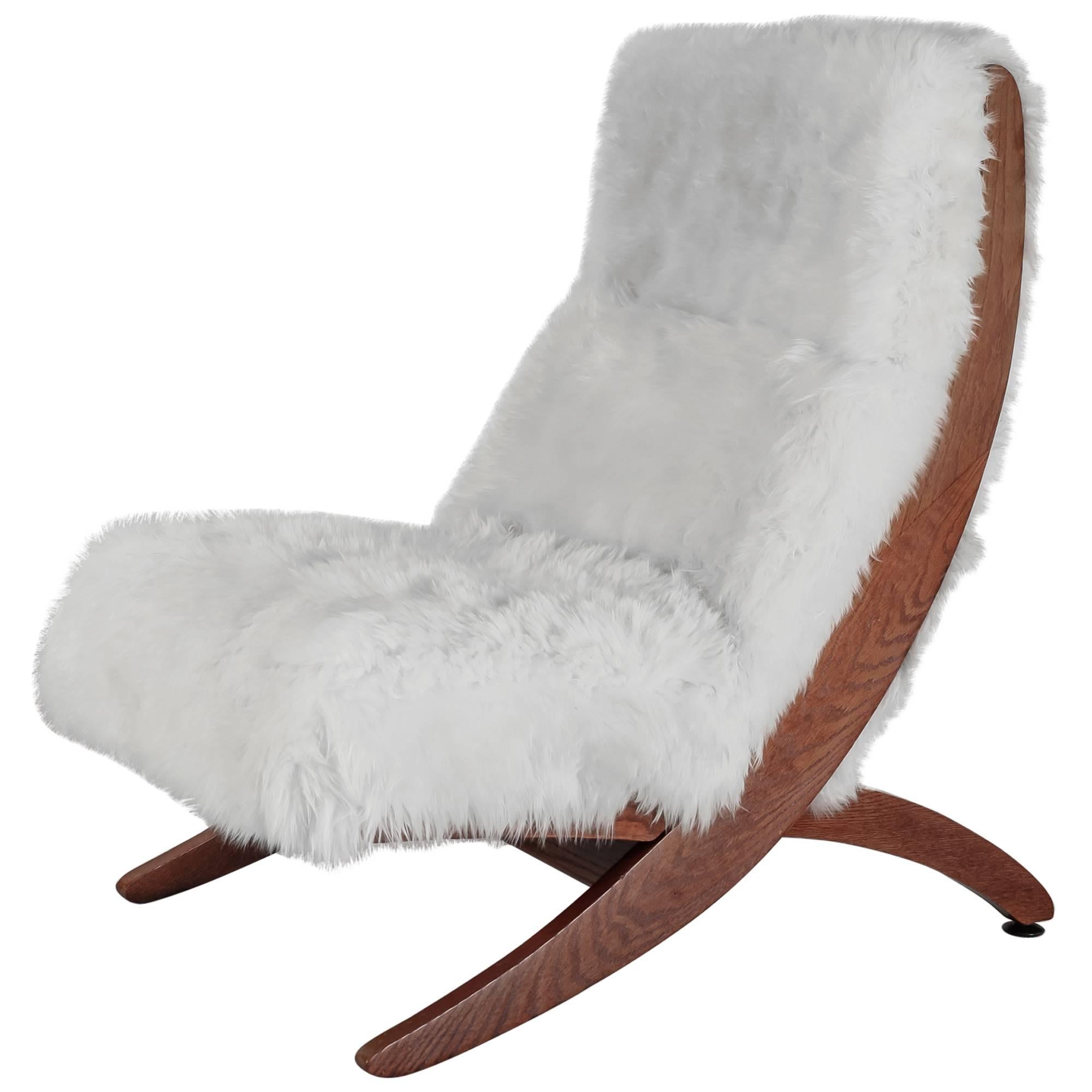 Oak Lounge Chair with White Sheepskin, USA, 1950s For Sale